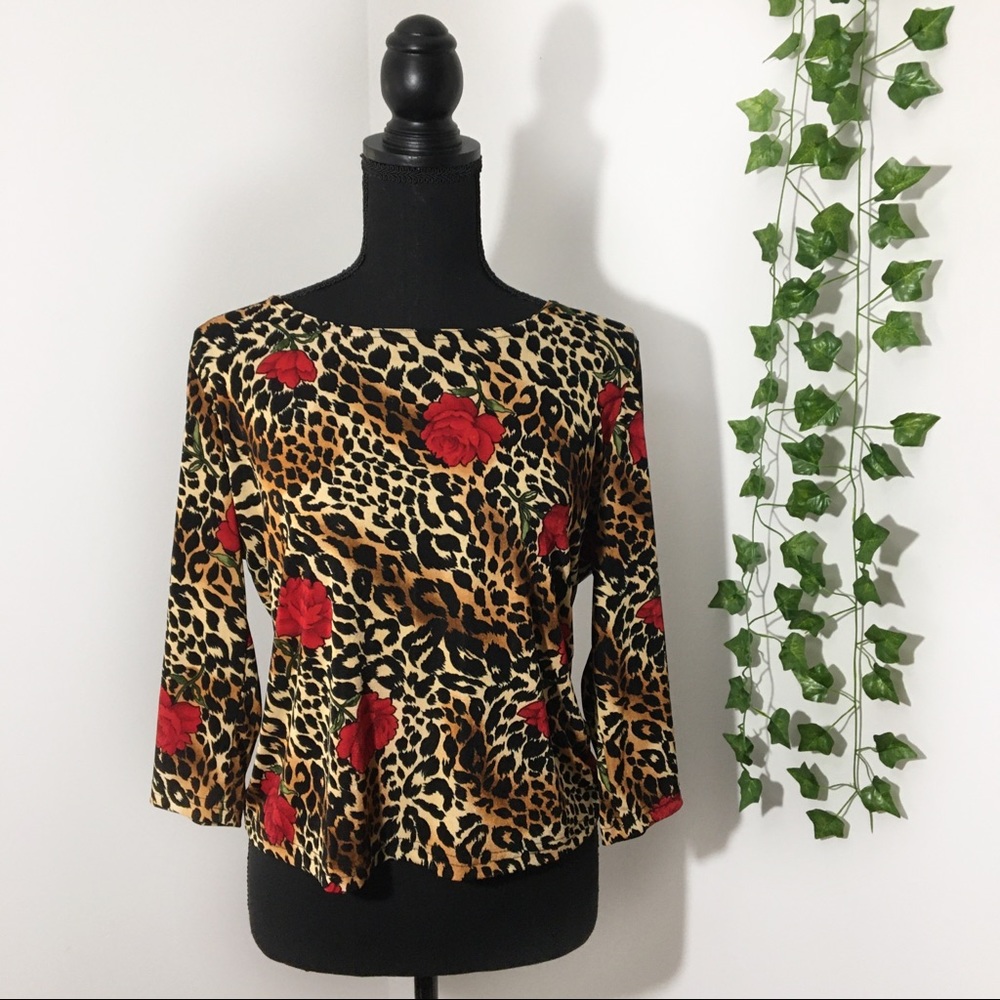 Rose & Animal Print 3/4 Sleeve Blouse Size L